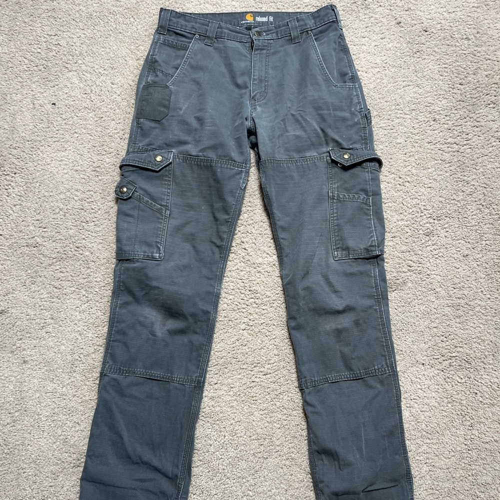 Distressed Carhartt Ripstop Work Cargo Pants - Olive 33x36
